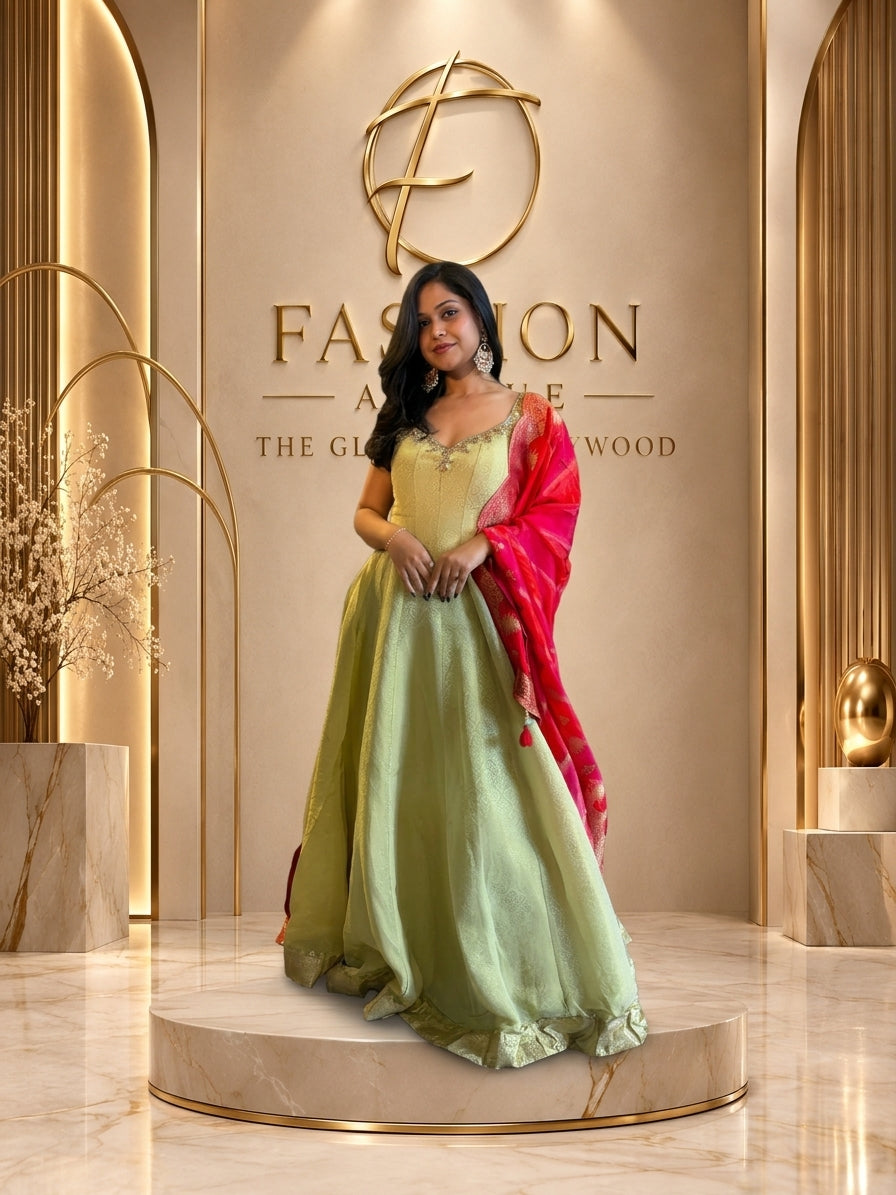 Pistachio green & hot pink Anarkali