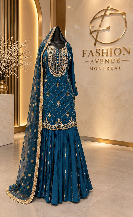 Dark Teal Embroidered Sharara Set